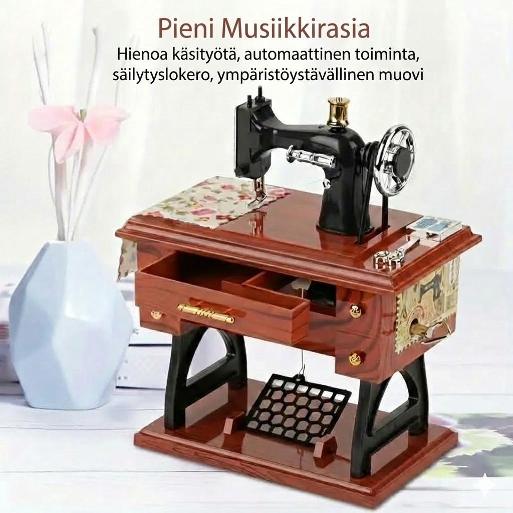 Puinen miniompelukone-soittorasia