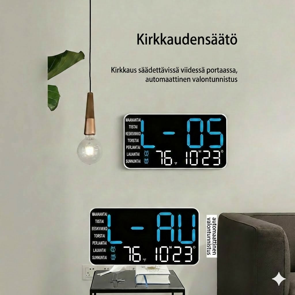 Monitoiminen koristeellinen digitaalinen LED-seinäkello