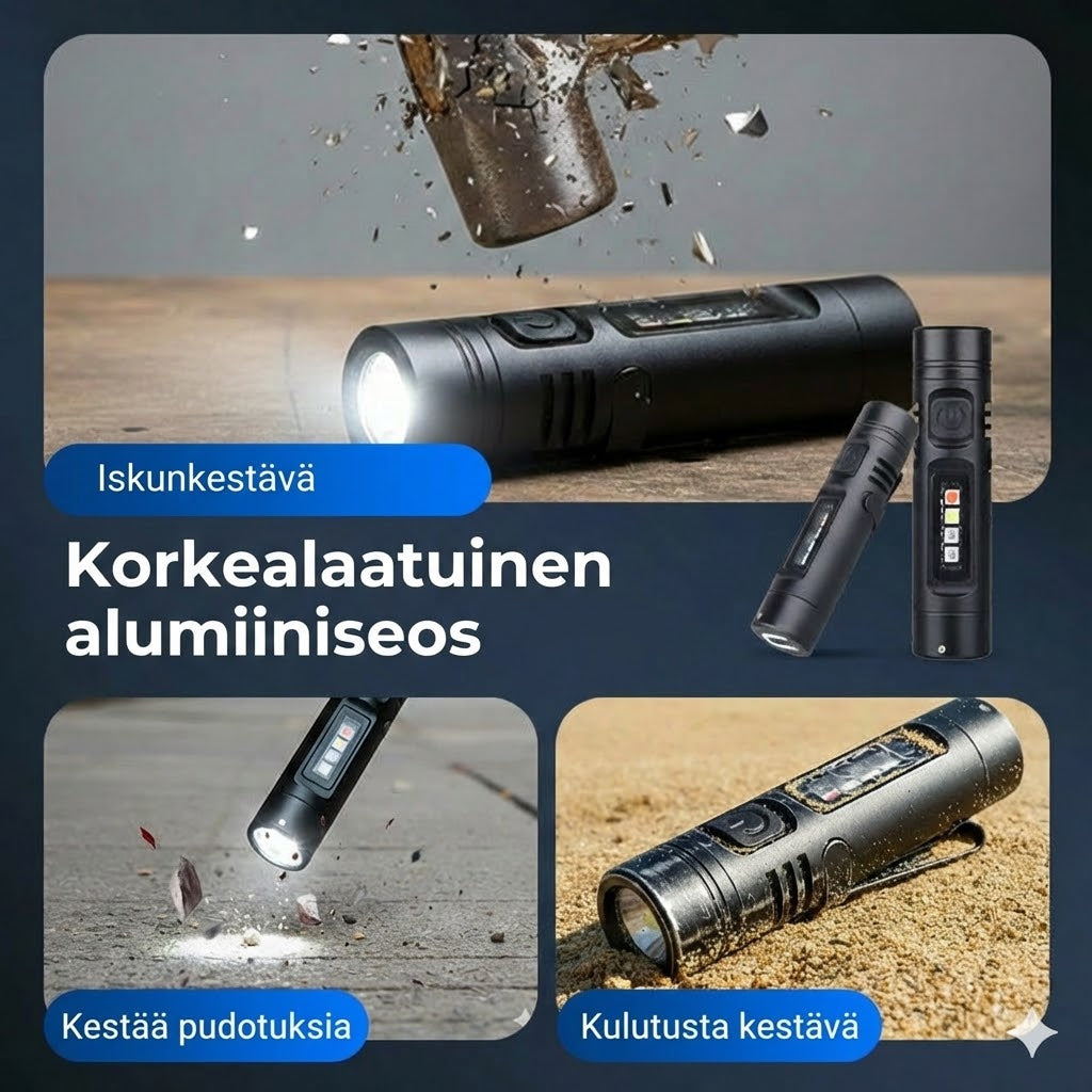 Monitoiminen alumiiniseoksesta valmistettu minitaskulamppu