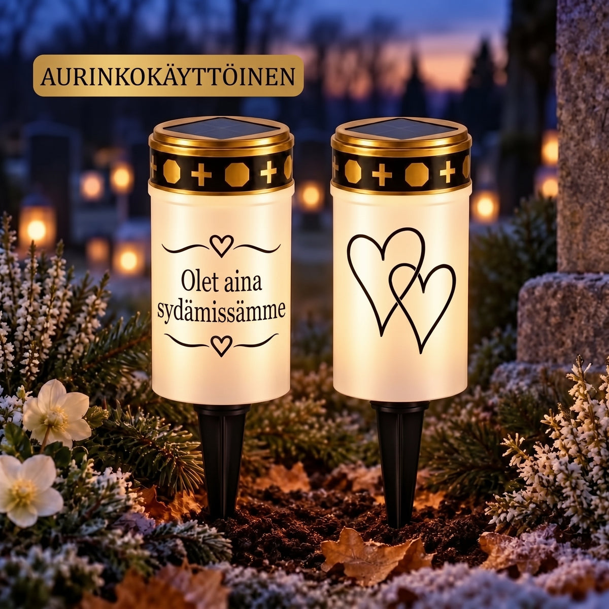 MinnesLjus LED-hautakynttilät 2 kappaleen setti aurinkokennolla tai paristolla