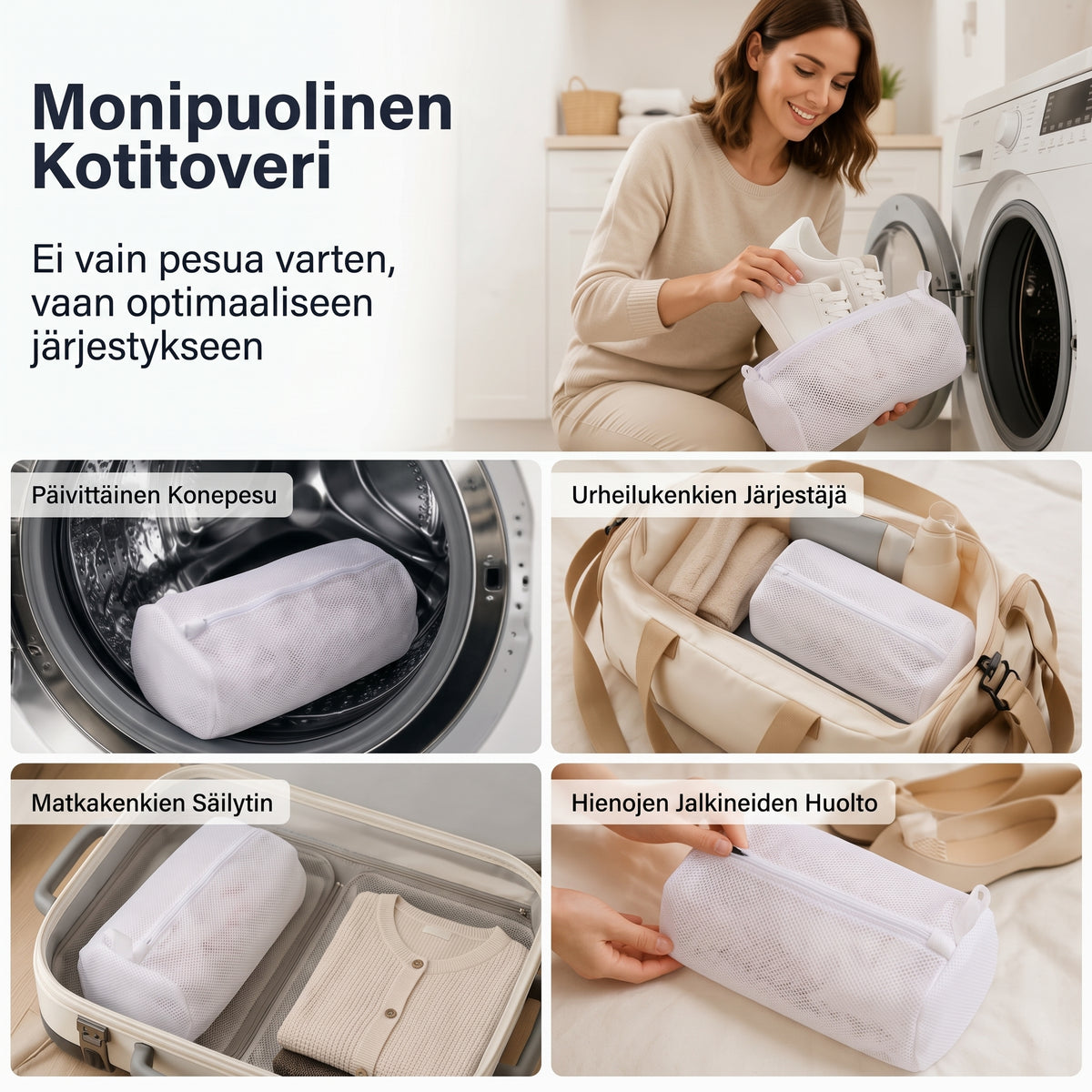Verkkokankainen kenkien pesupussi pesukoneeseen