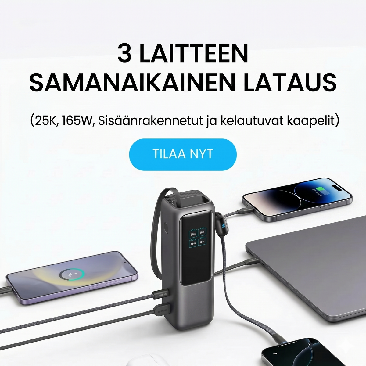 Varavirtalähde sisäänrakennetulla kaapelilla