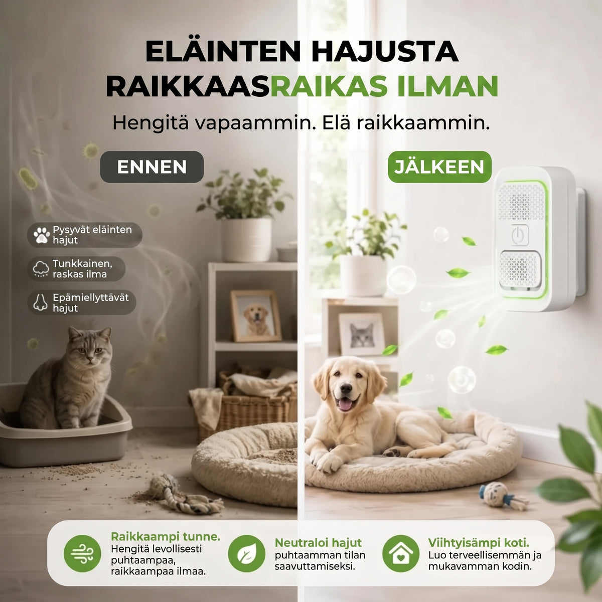 Ionisoiva ilmanpuhdistin lemmikkien hajujen vähentämiseen