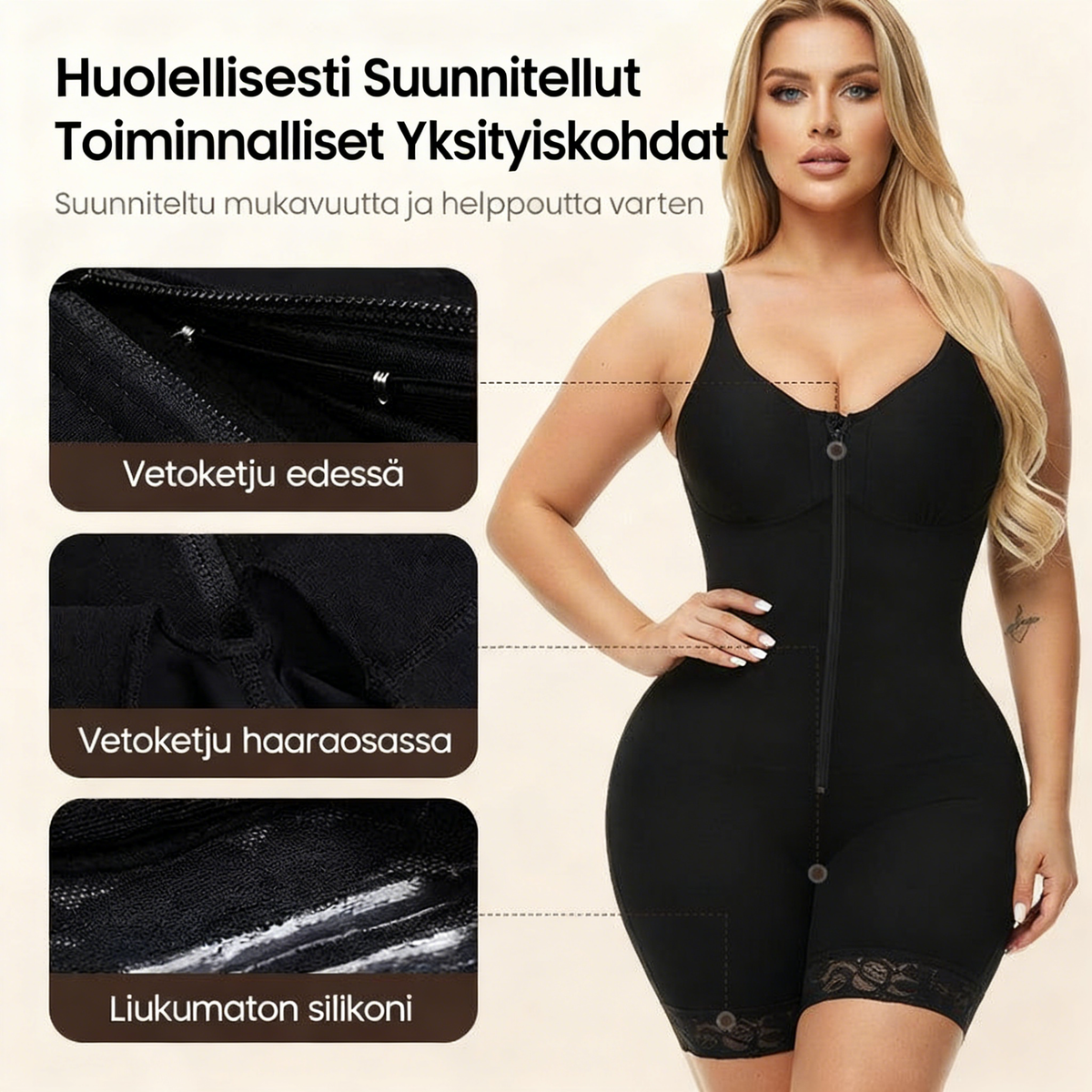 Vatsaa hallitseva pakaralihasten kohottaja vetoketjulla ja haaroilla, fajas colombianas