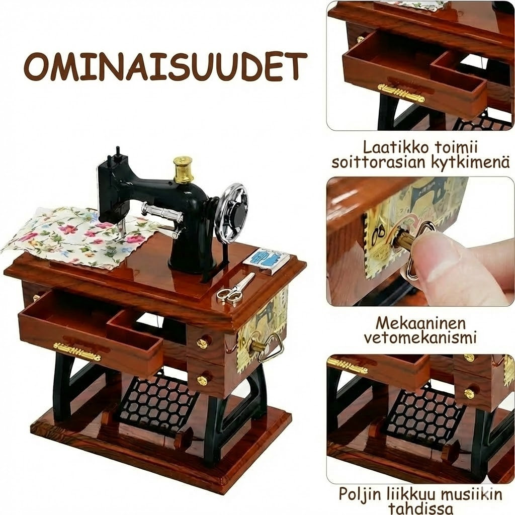 Puinen miniompelukone-soittorasia