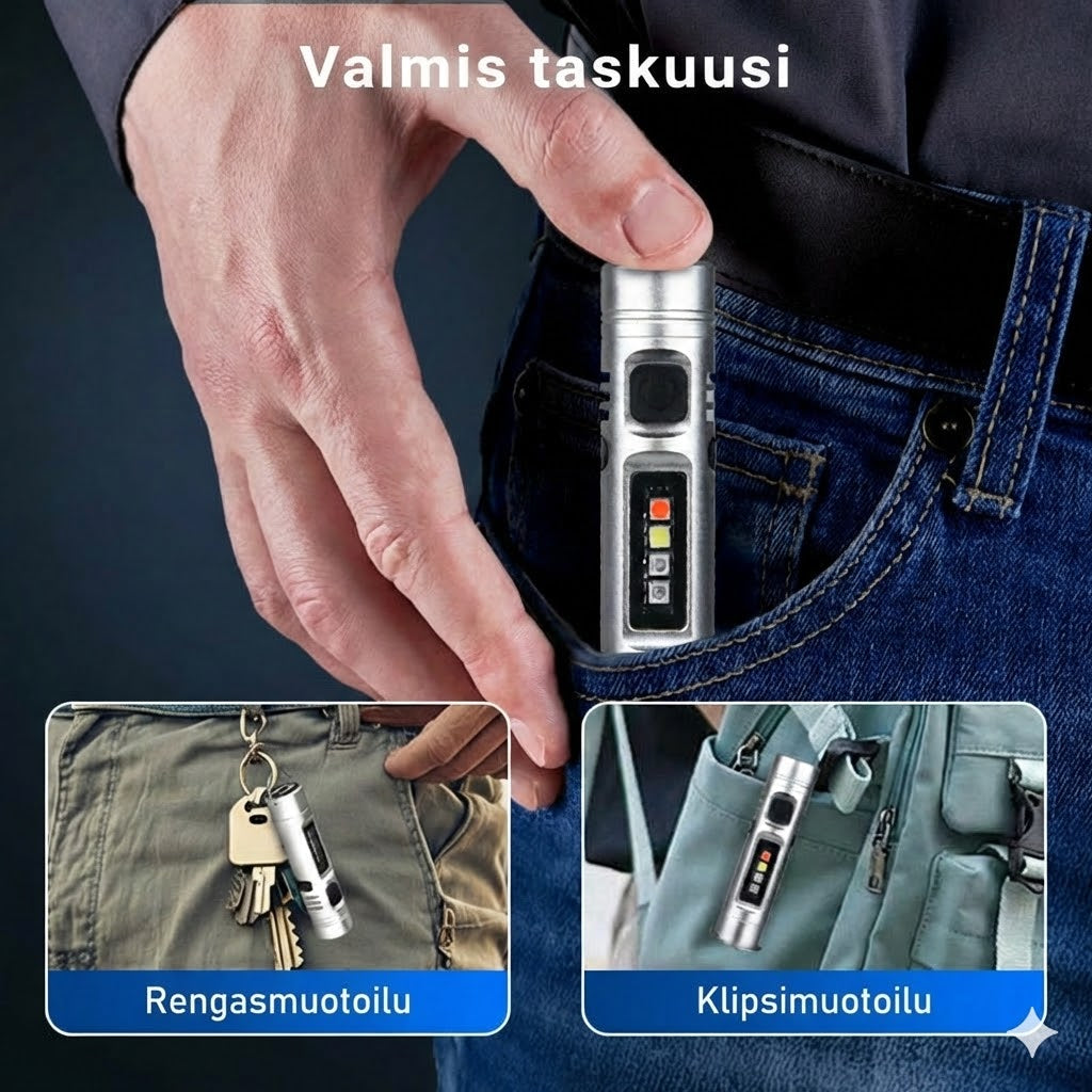 Monitoiminen alumiiniseoksesta valmistettu minitaskulamppu