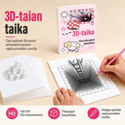 3D-piirustuskirja lapsille väritys- ja leikkaustehtävillä