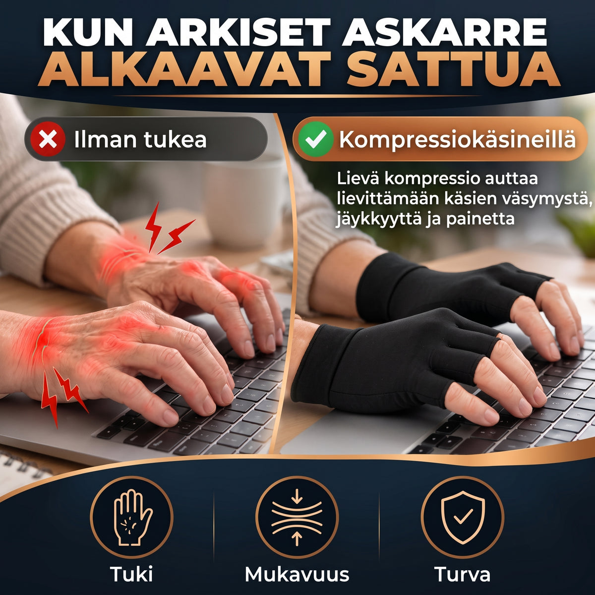 Kuparia sisältävät kompressiohanskat 1 pari