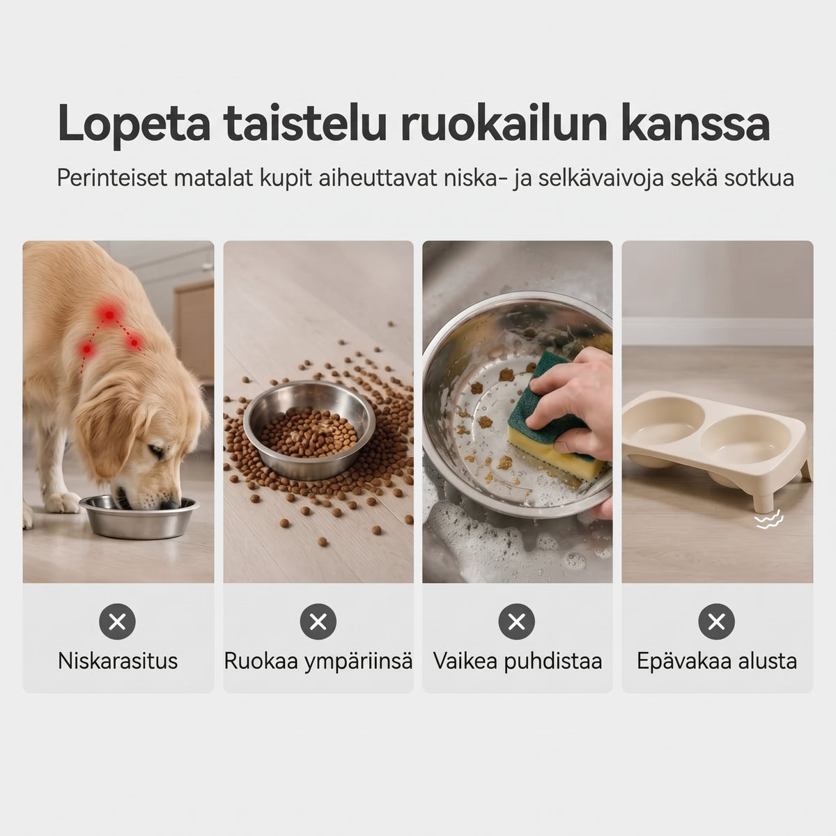Korotettu kaksiosainen ruokakuppiteline kissoille ja koirille ruostumattomasta teräksestä valmistetuilla kupeilla