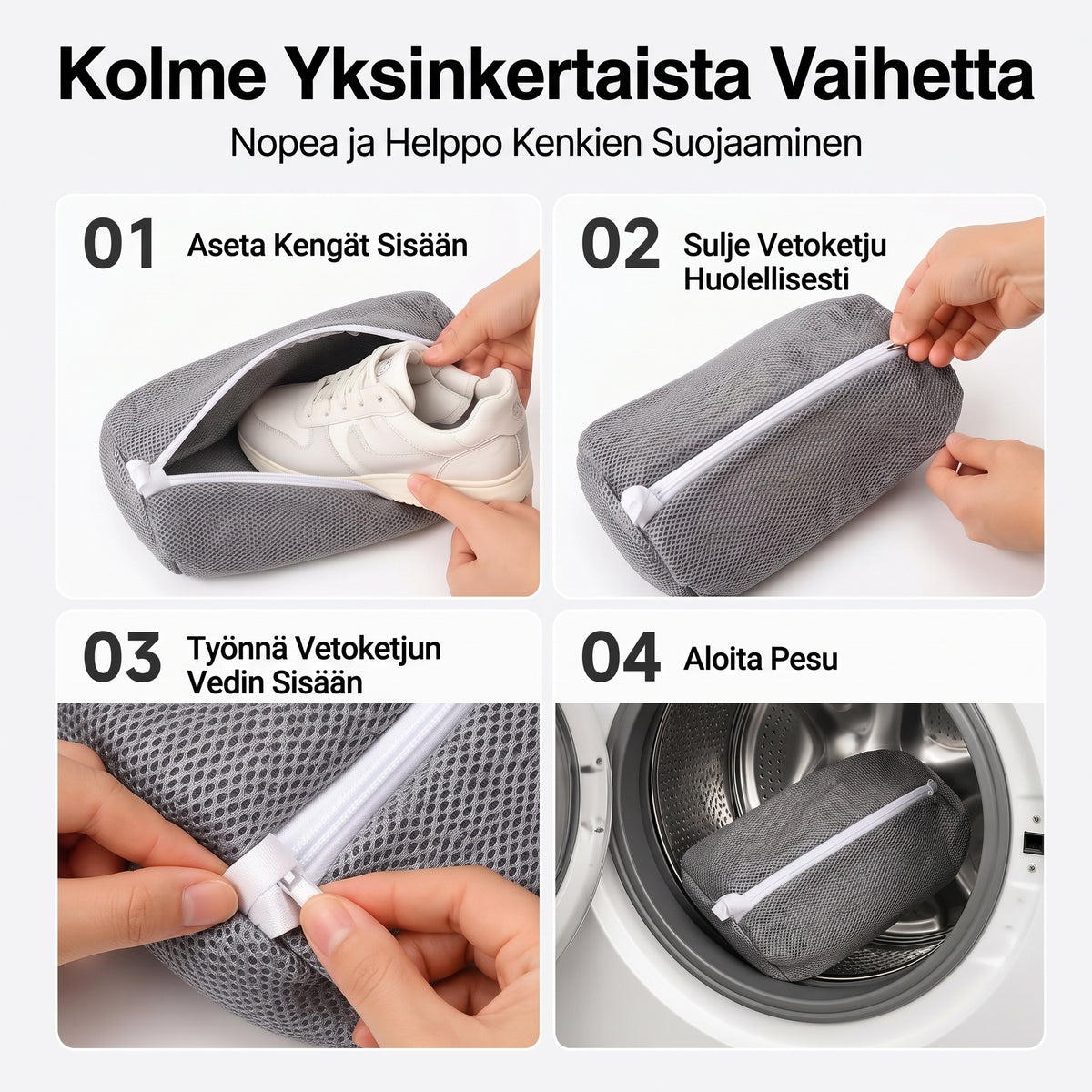 Verkkokankainen kenkien pesupussi pesukoneeseen