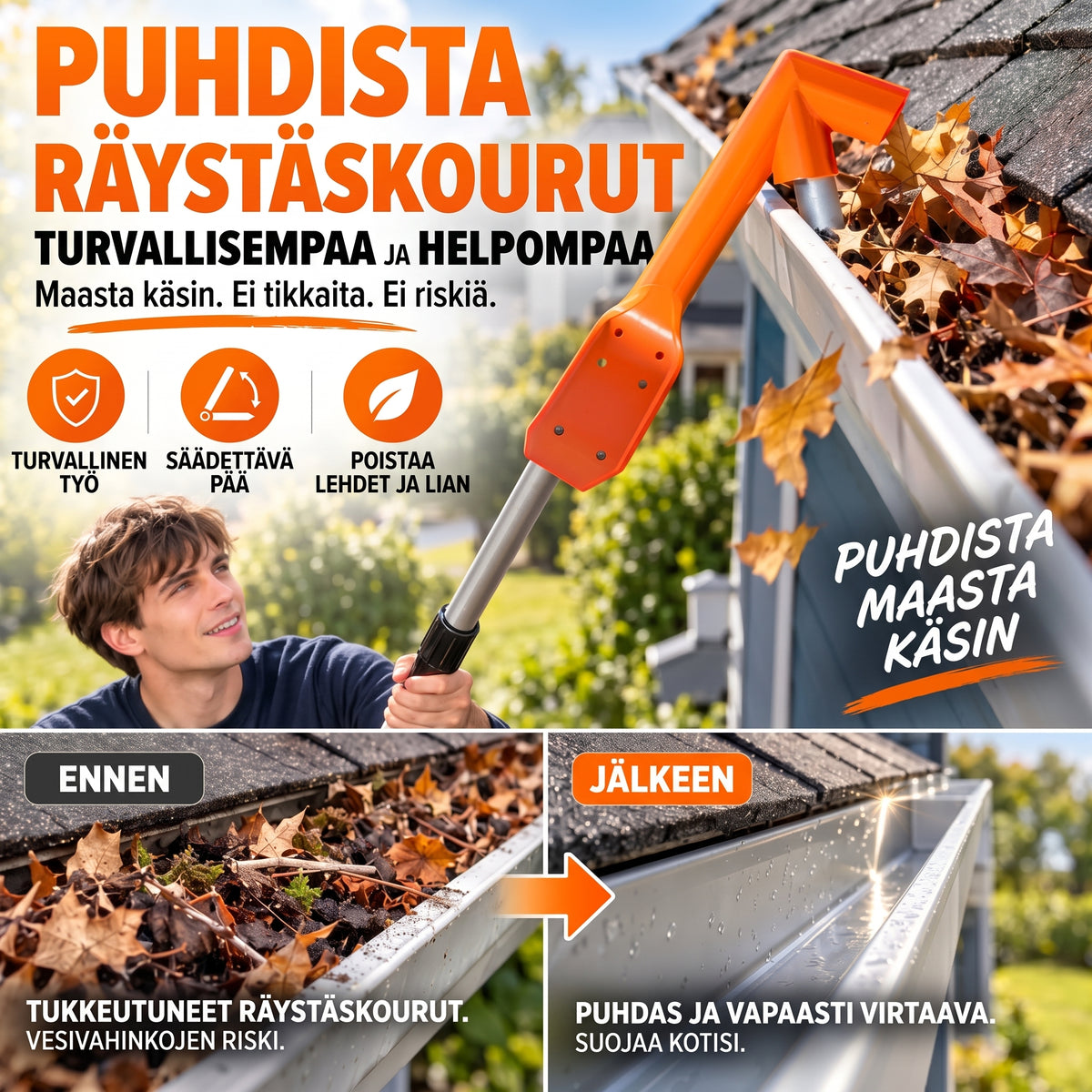 Ergonominen räystäskourujen puhdistin