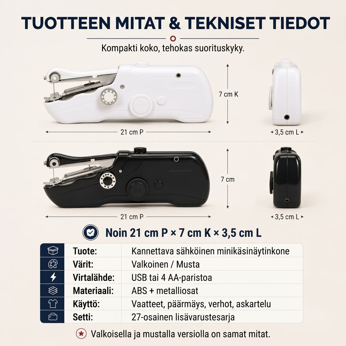 Kompakti sähköinen ompelukone pieniin ompelutöihin