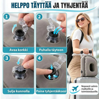 Puhallettava matkatyyny matkalle