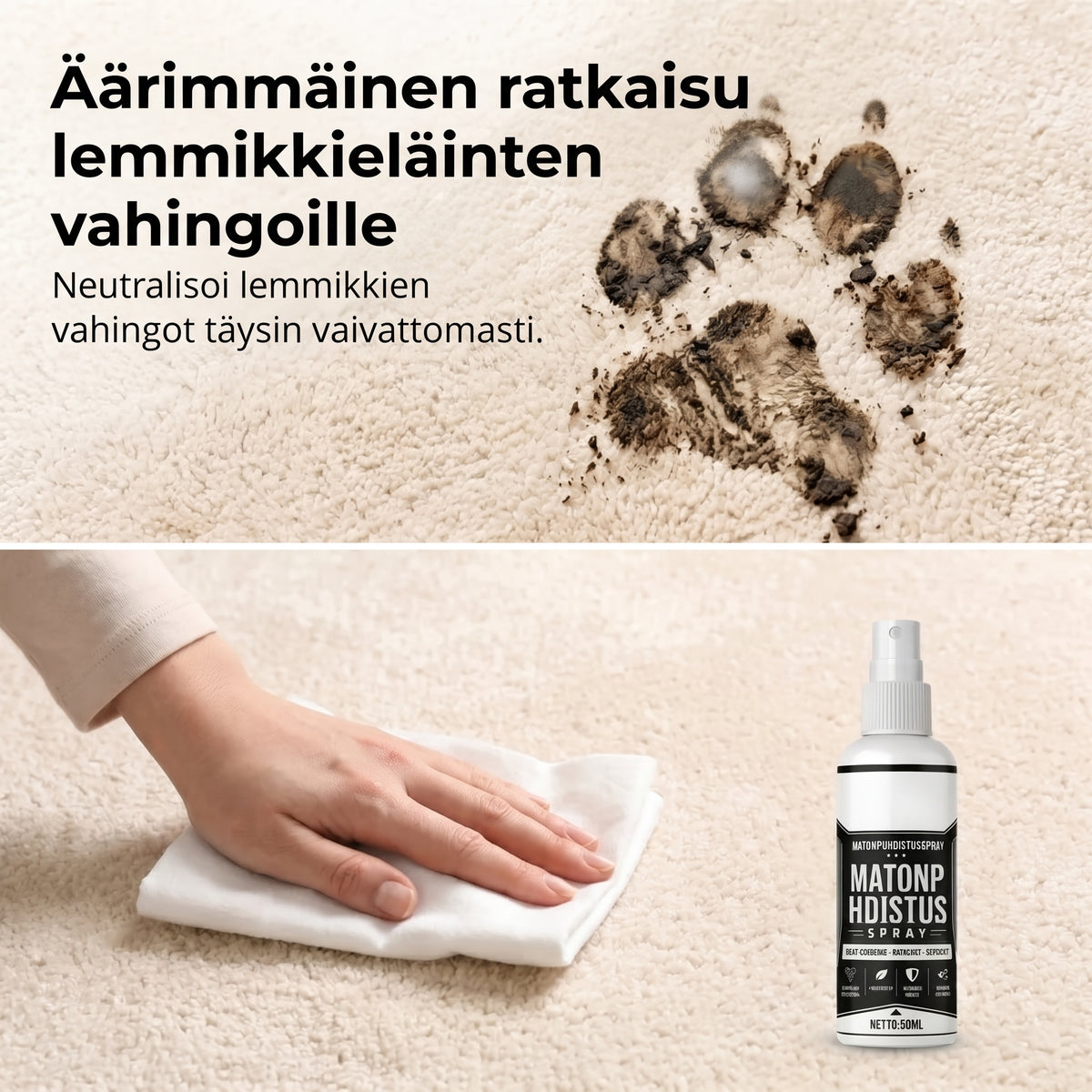 Tahranpoistoaine matoille ja verhoiluille ilman hankausta