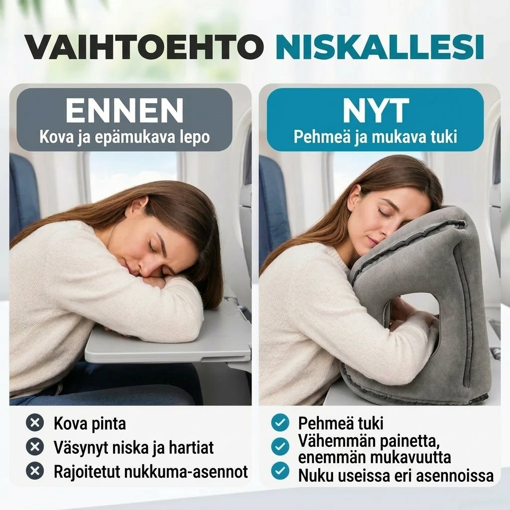 Puhallettava matkatyyny matkalle