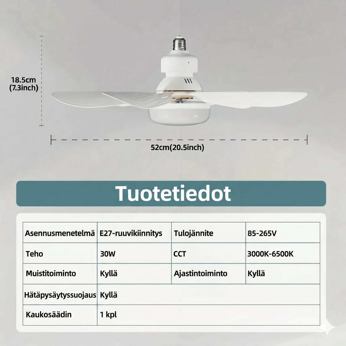 2-in-1 Kannettava kattotuuletin ja lamppu kaukosäätimellä