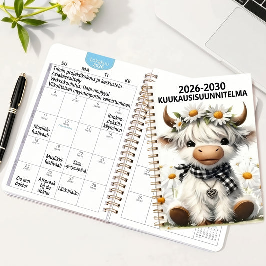 Viiden vuoden A5-kuukausikalenteri 2026–2030 skotlantilaisella ylämaankarjadesignilla