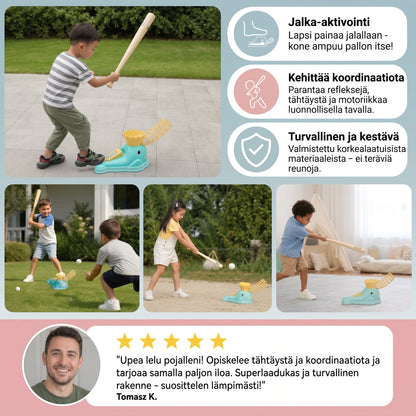 Jalkakäyttöinen baseball-pallonheitin lapsille mailalla ja palloilla