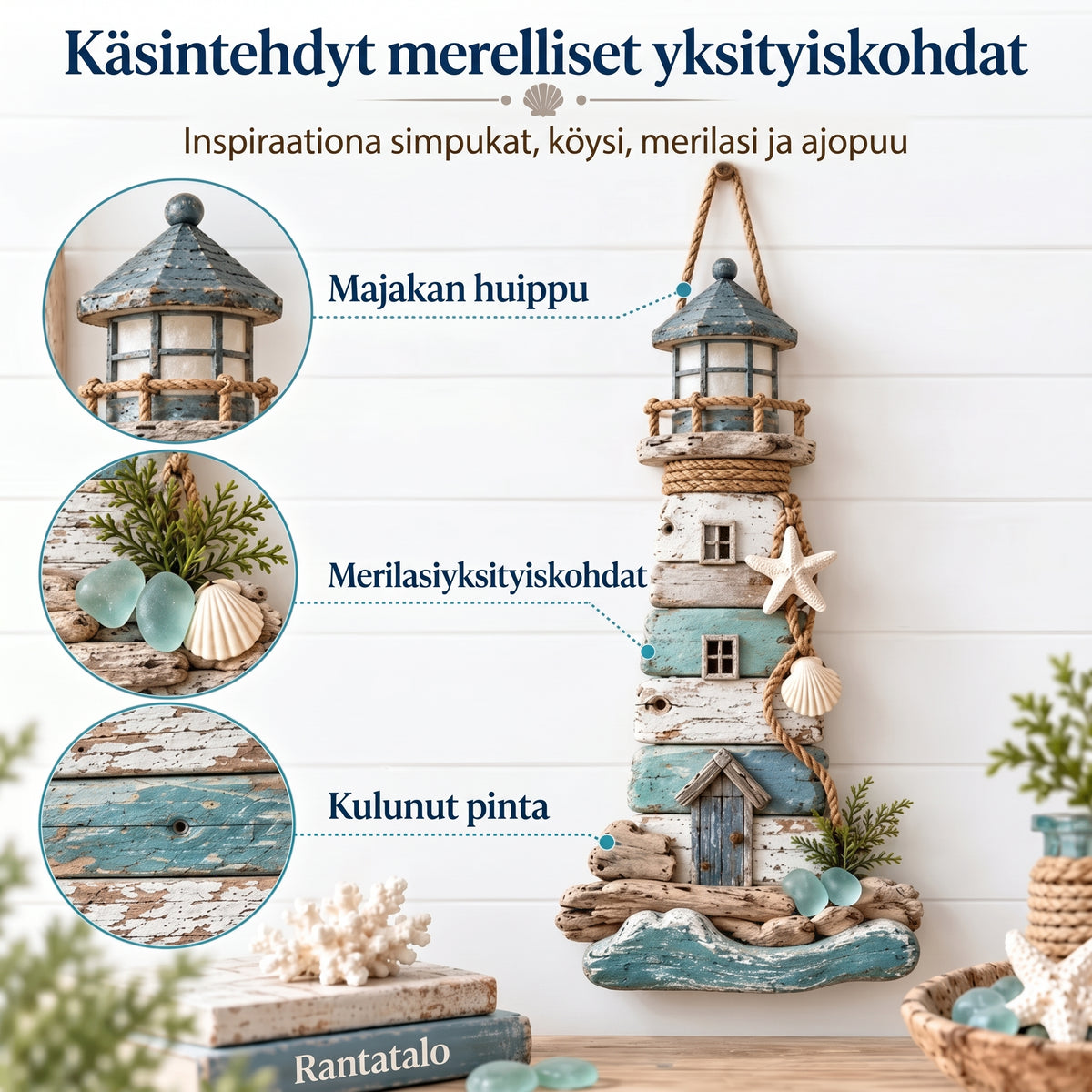 Ajopuusta valmistettu majakka seinäkoriste rannikkotyyliin