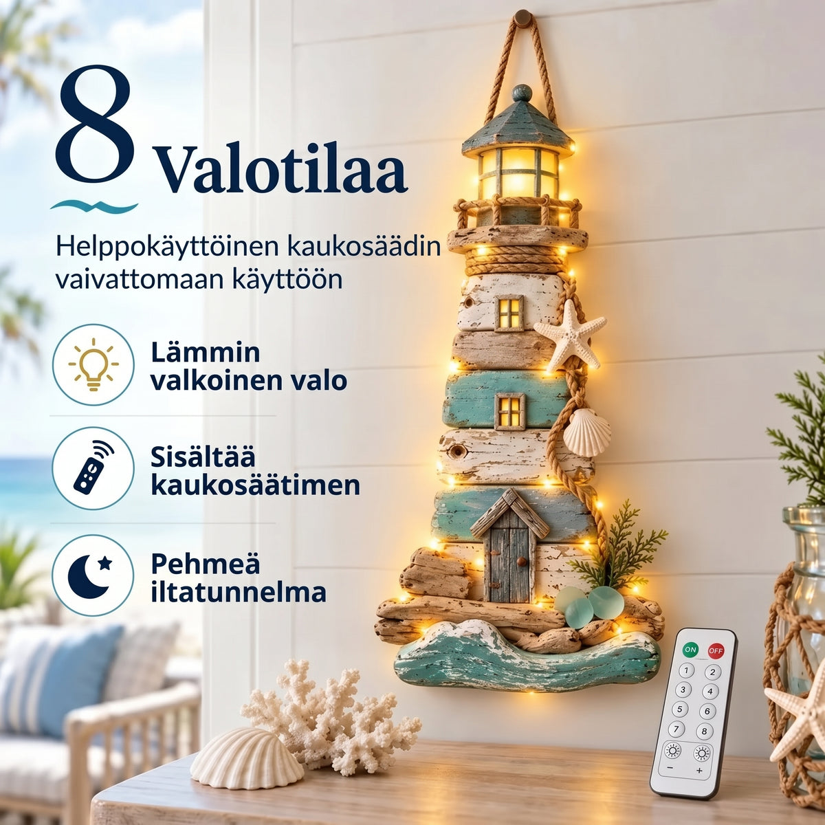 Ajopuusta valmistettu majakka seinäkoriste rannikkotyyliin