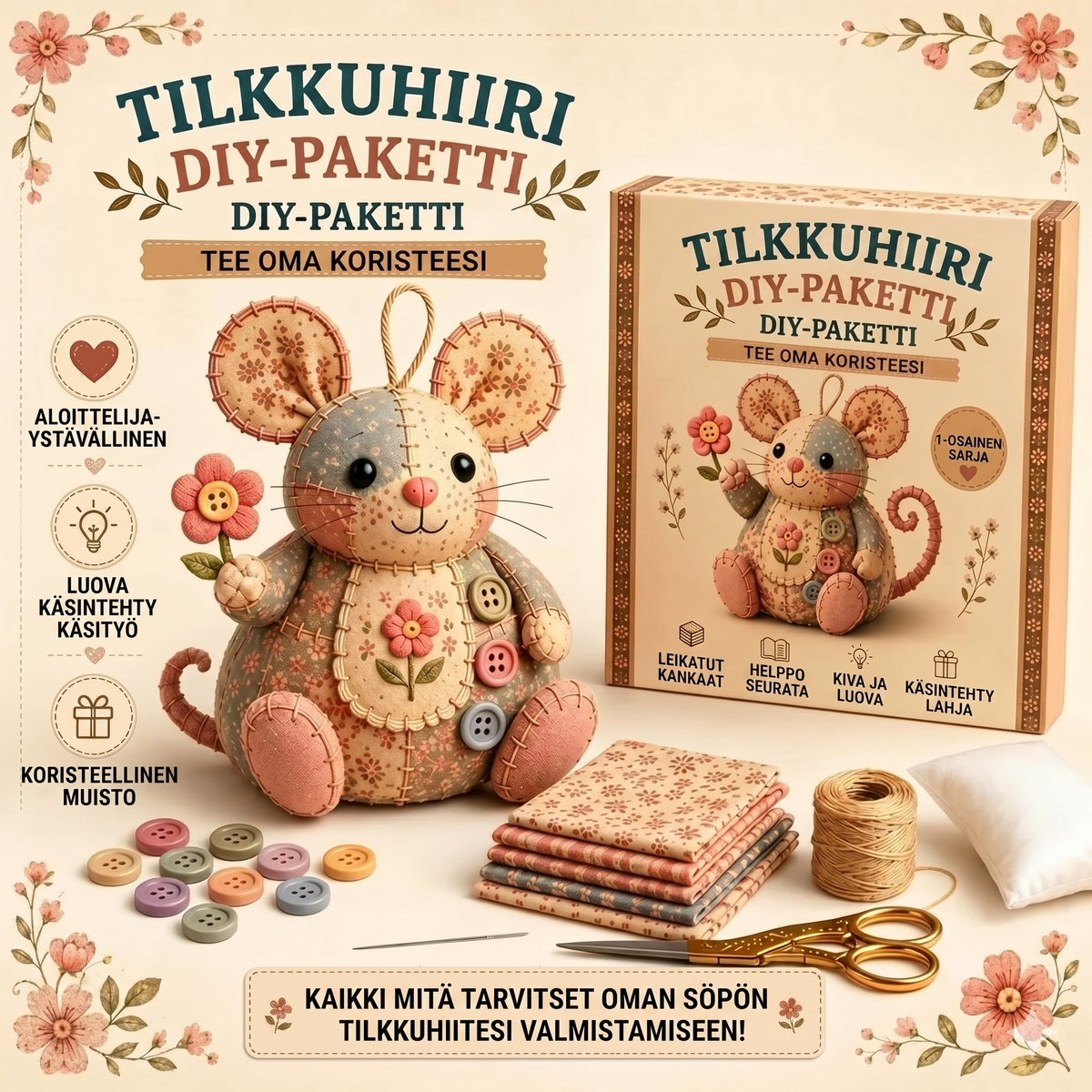 Täydellinen tee-se-itse-setti tilkkutyöhiiren valmistukseen - Sisältää kaikki materiaalit
