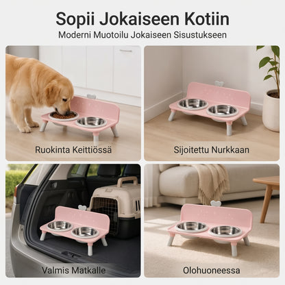 Korotettu kaksiosainen ruokakuppiteline kissoille ja koirille ruostumattomasta teräksestä valmistetuilla kupeilla
