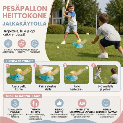 Jalkakäyttöinen baseball-pallonheitin lapsille mailalla ja palloilla