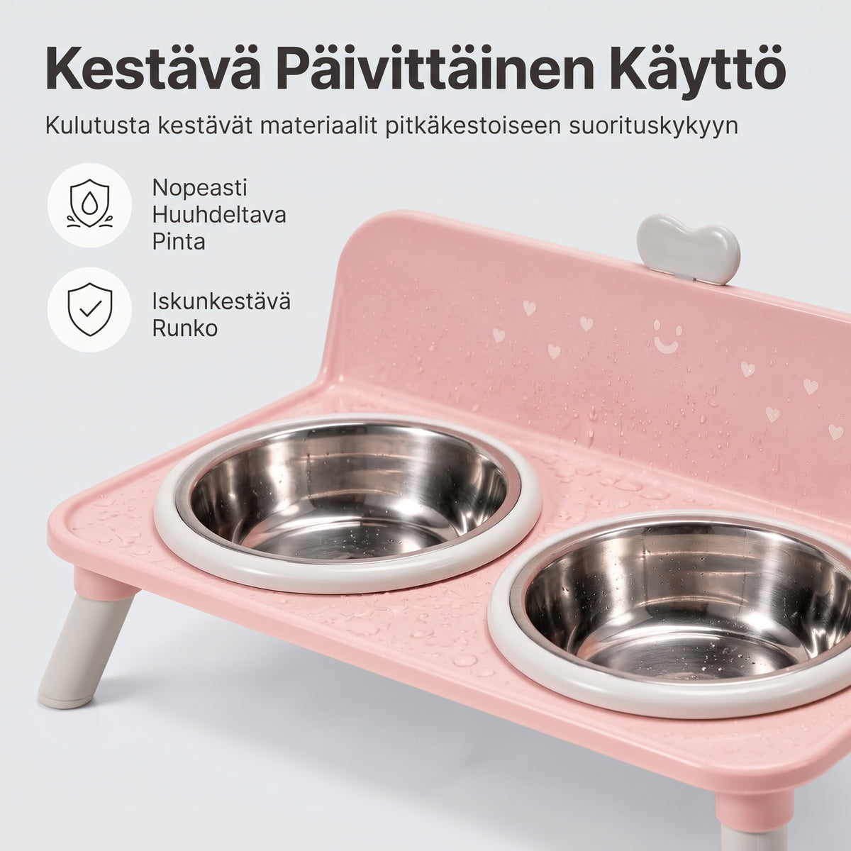 Korotettu kaksiosainen ruokakuppiteline kissoille ja koirille ruostumattomasta teräksestä valmistetuilla kupeilla