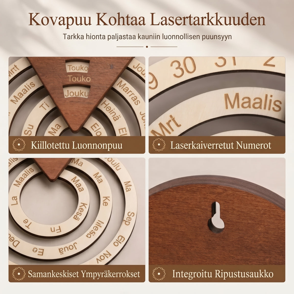 Pyöreä pyörivä puinen ikuisuuskalenteri
