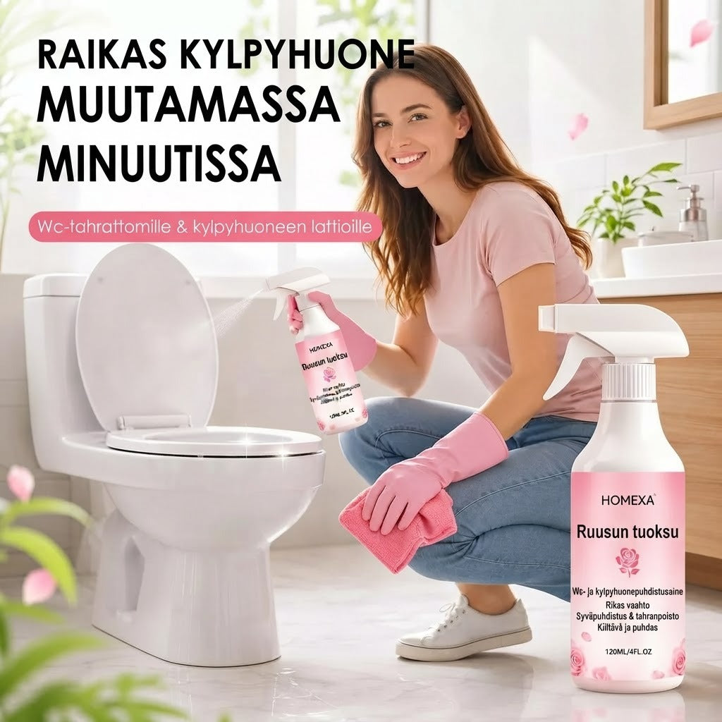 Kylpyhuoneen puhdistussuihke kalkkisaostumien ja saippuajäämien poistoon