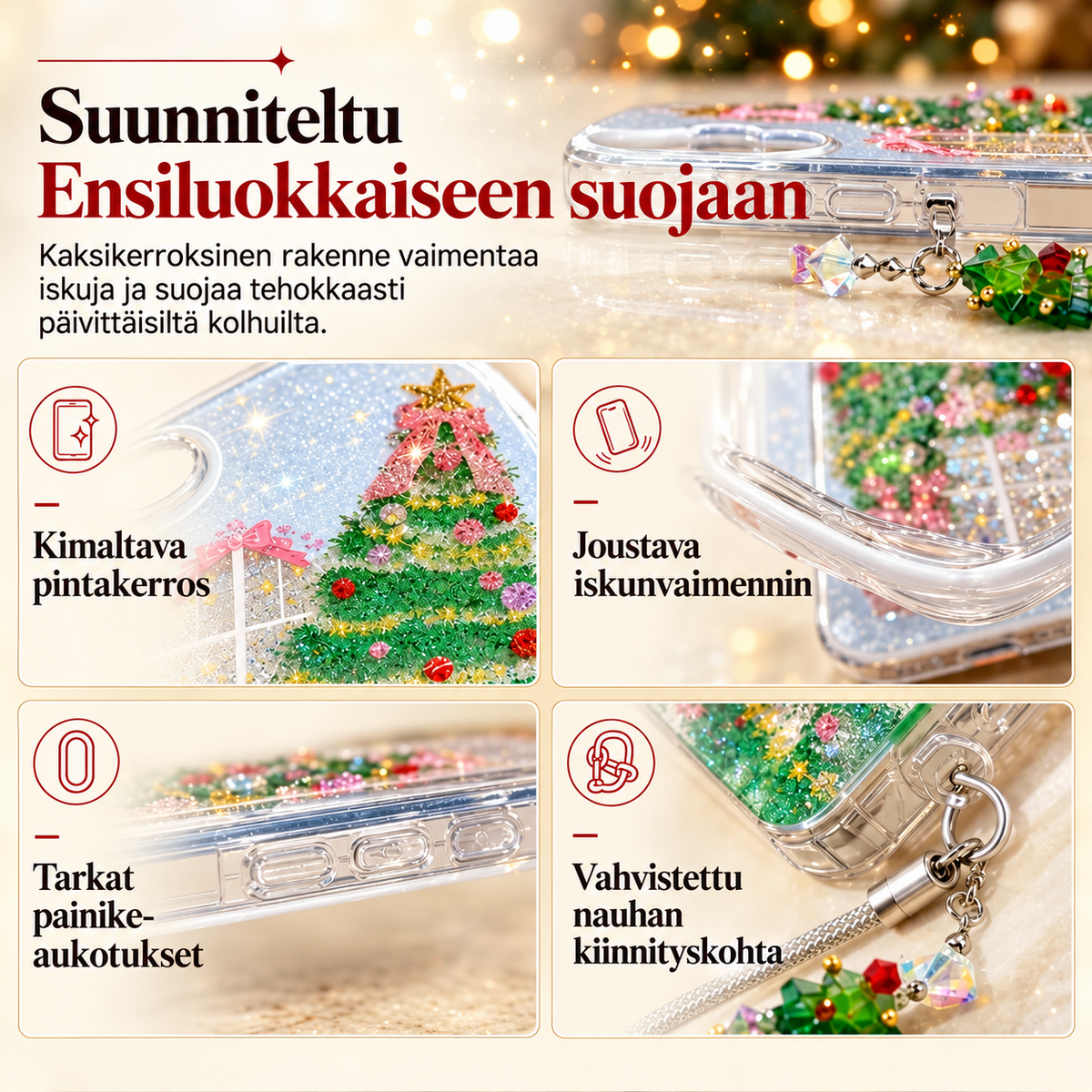 Kimaltava joulukuusikuvioinen puhelimen suojakuori