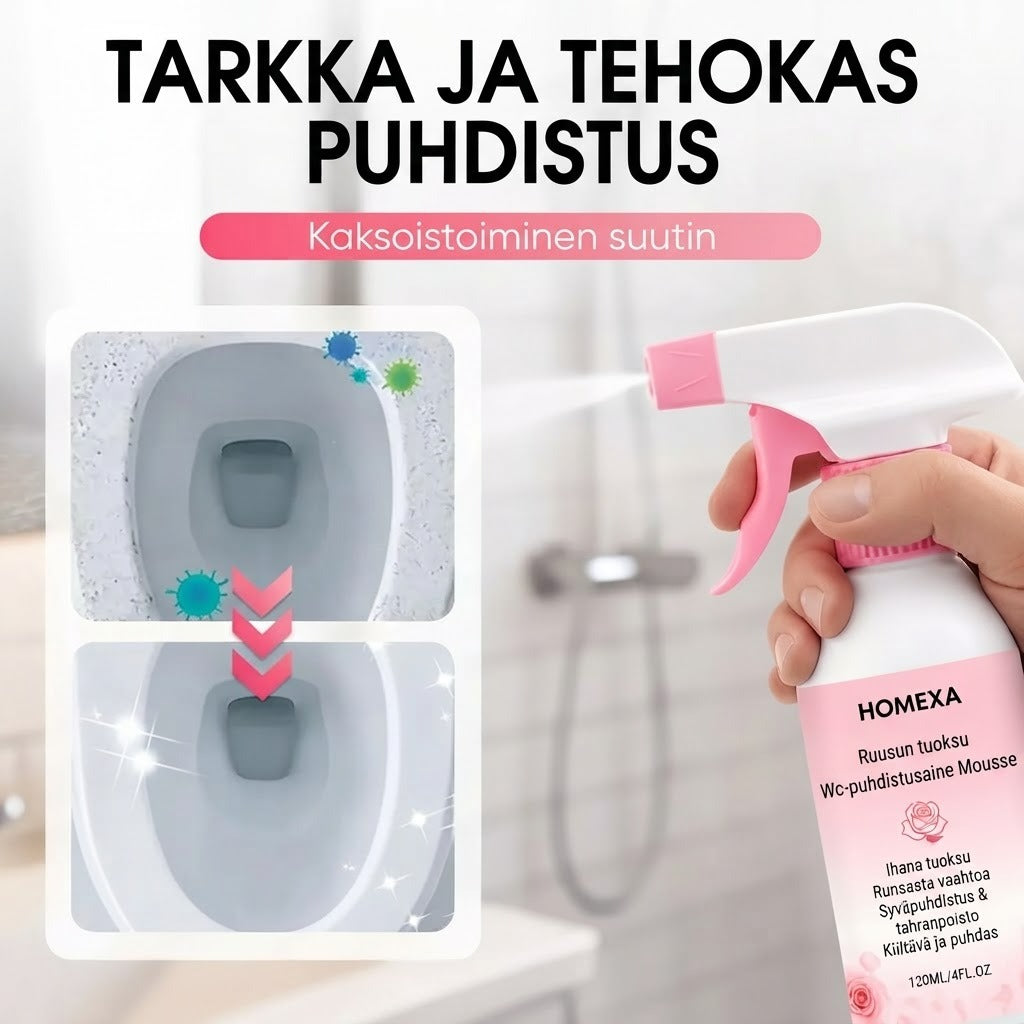 Kylpyhuoneen puhdistussuihke kalkkisaostumien ja saippuajäämien poistoon