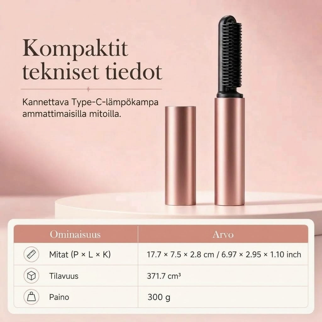 Langaton lämpenevä volyymikampa otsatukalle ja päälakialueelle