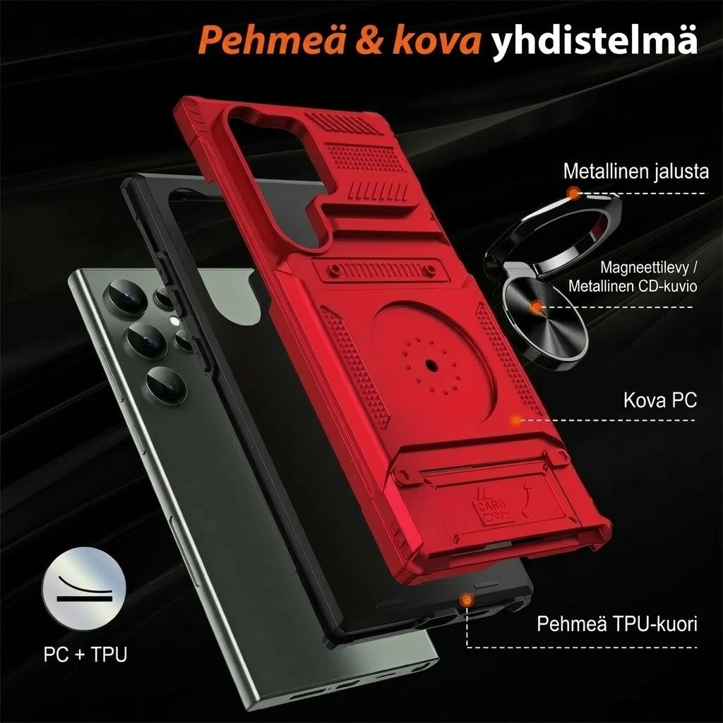 Samsung-suojakuori korttipaikalla ja magneettisella sormuspidikkeellä