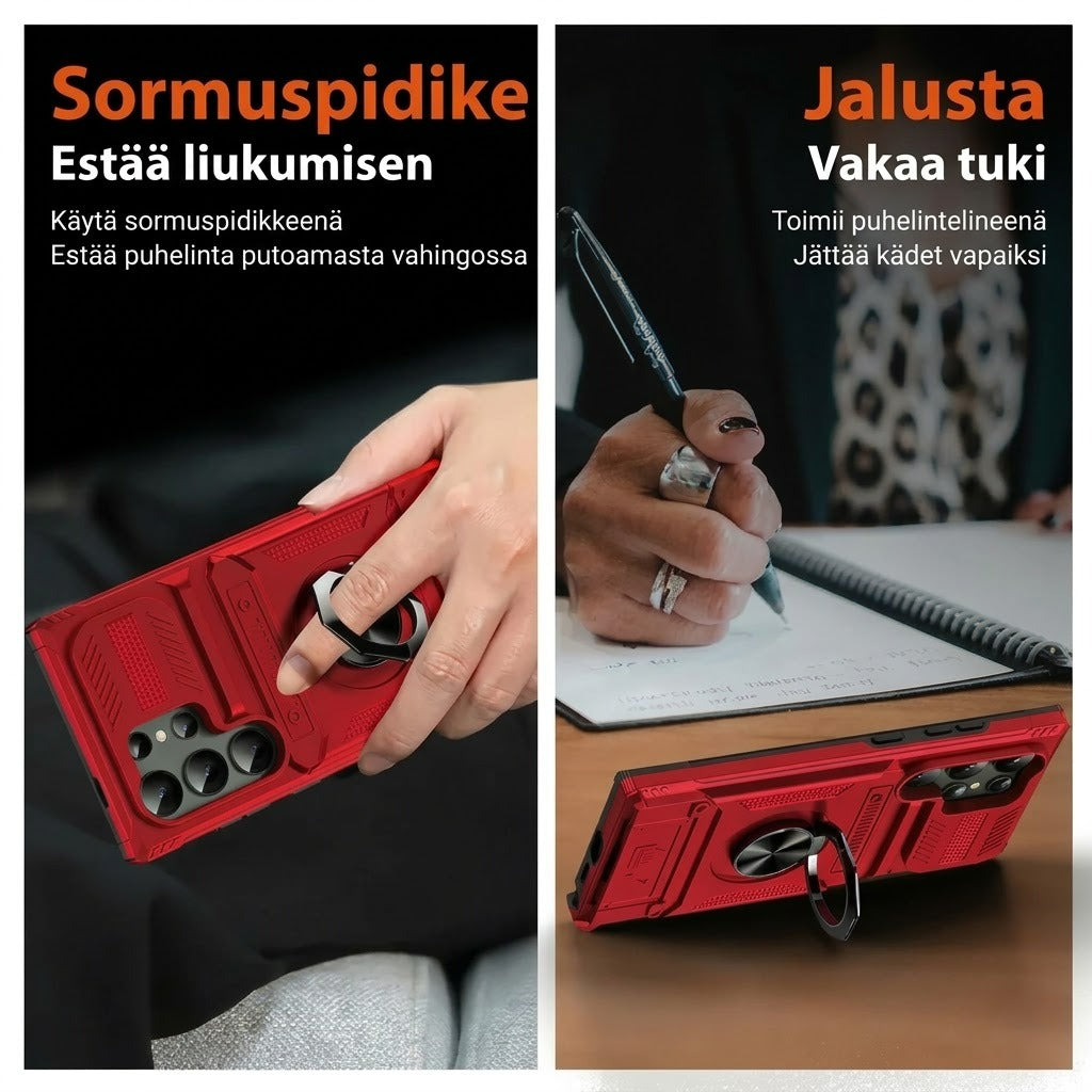 Samsung-suojakuori korttipaikalla ja magneettisella sormuspidikkeellä