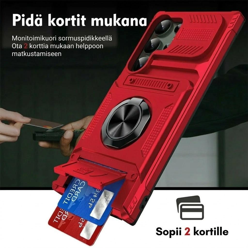 Samsung-suojakuori korttipaikalla ja magneettisella sormuspidikkeellä