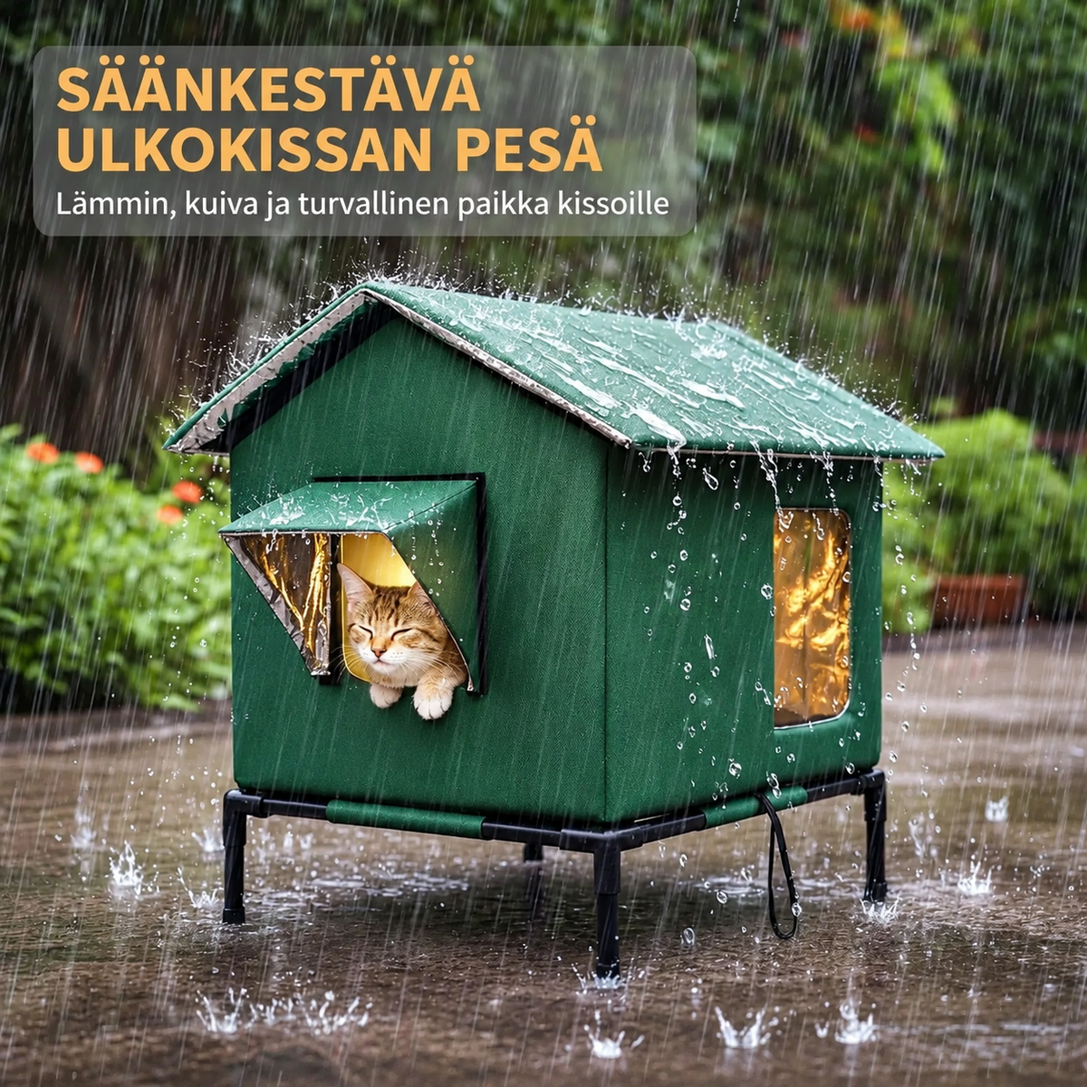Säänkestävä korotettu kissanmaja ulkokäyttöön