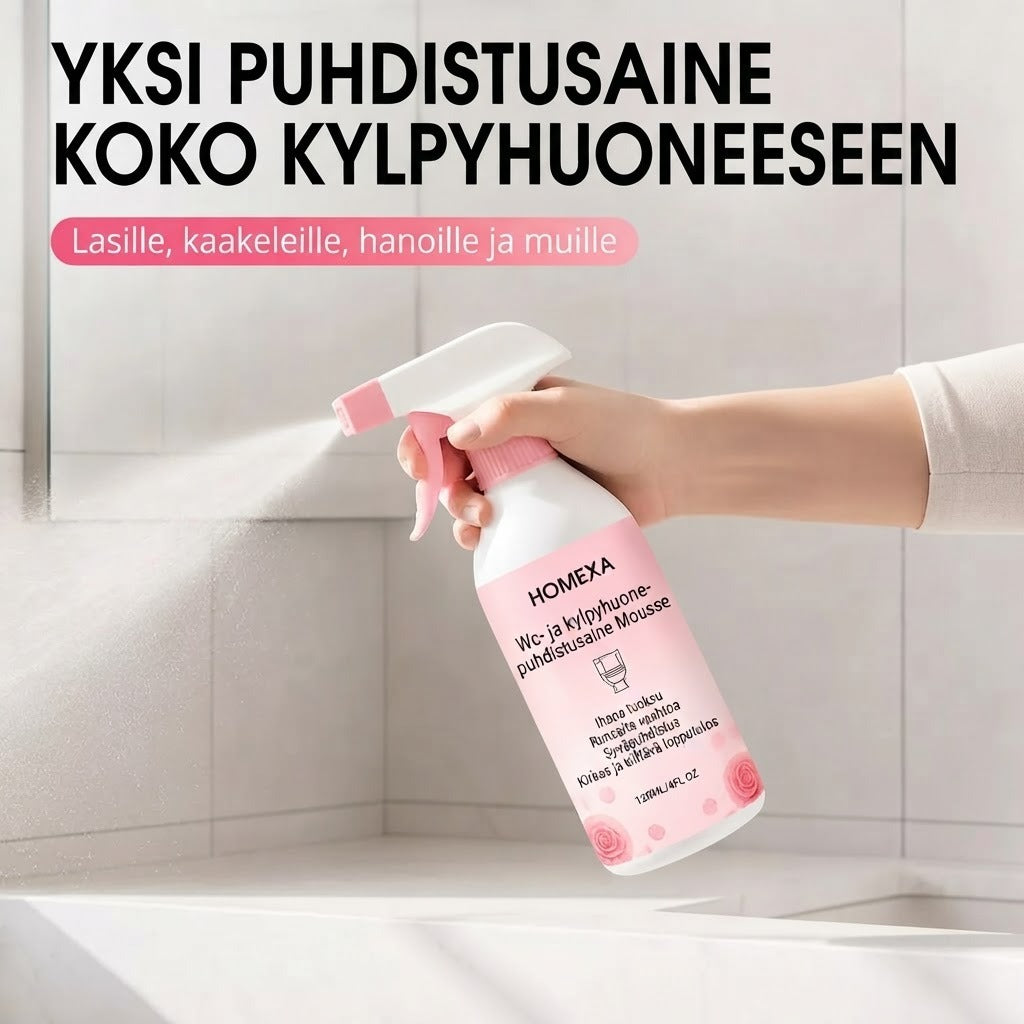 Kylpyhuoneen puhdistussuihke kalkkisaostumien ja saippuajäämien poistoon