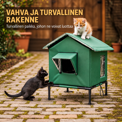 Säänkestävä korotettu kissanmaja ulkokäyttöön