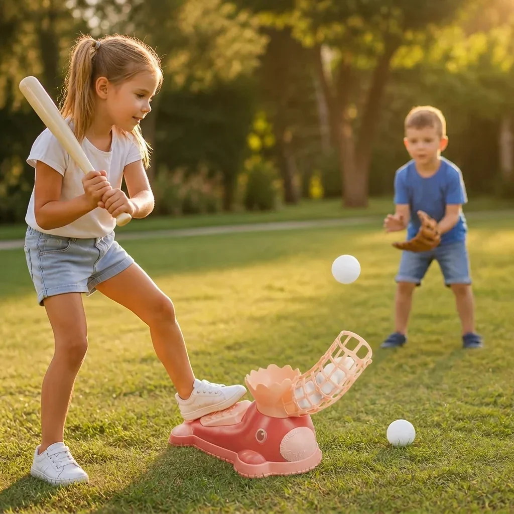 Jalkakäyttöinen baseball-pallonheitin lapsille mailalla ja palloilla